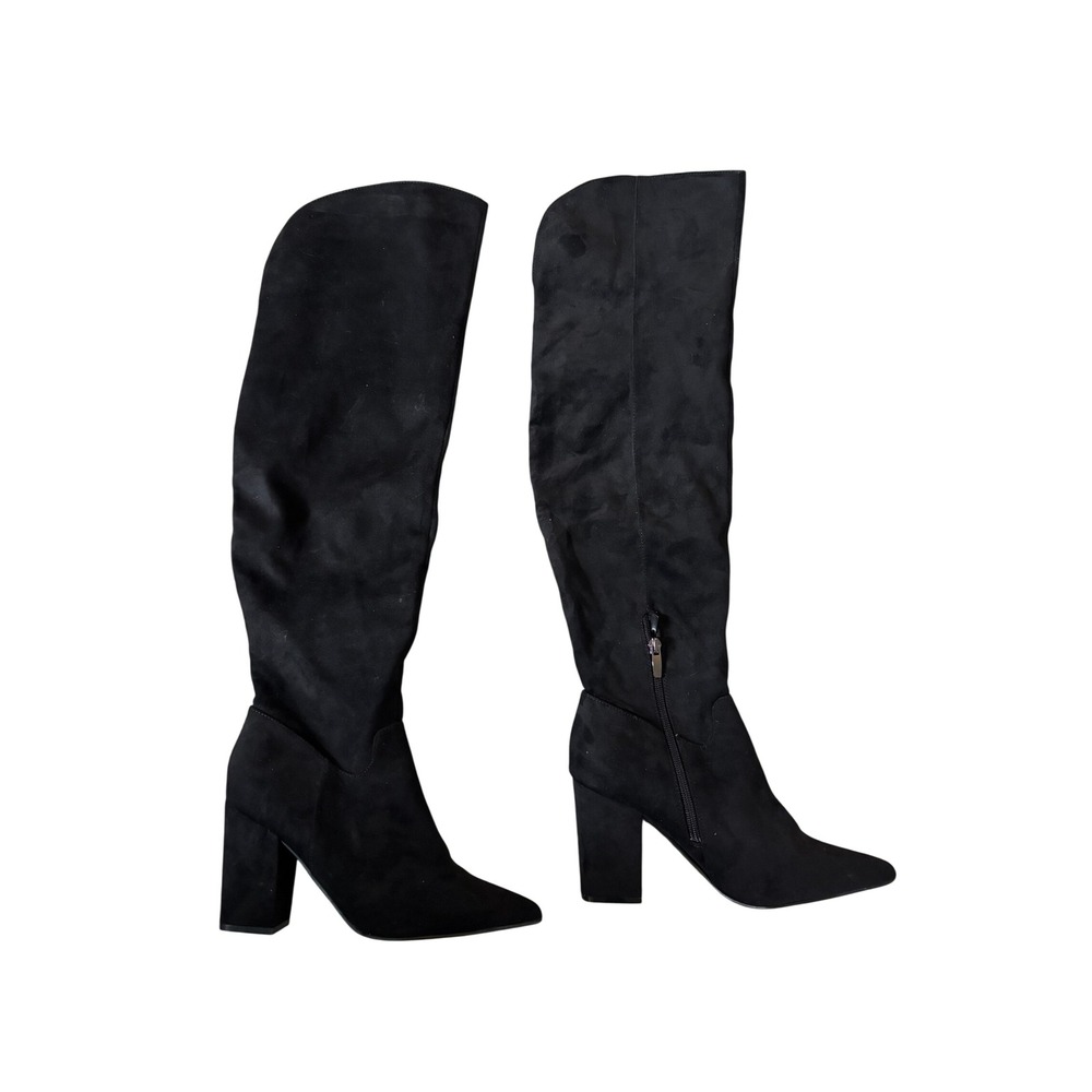 Nine West Womens Black Faux Suede Over The Knee Pointed Toe Block Heel Boots 7.5
